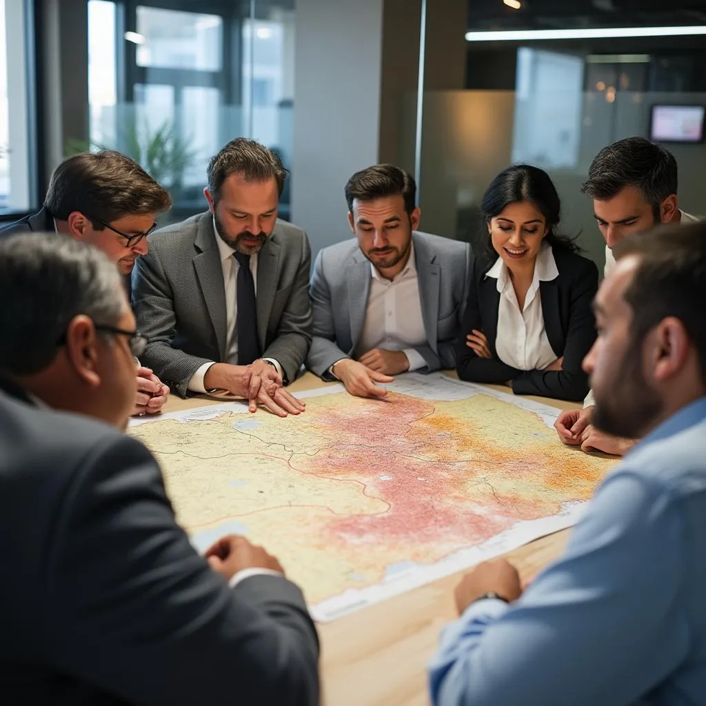Equipo de ArgOilInvest en reunión estratégica sobre mapa de Vaca Muerta