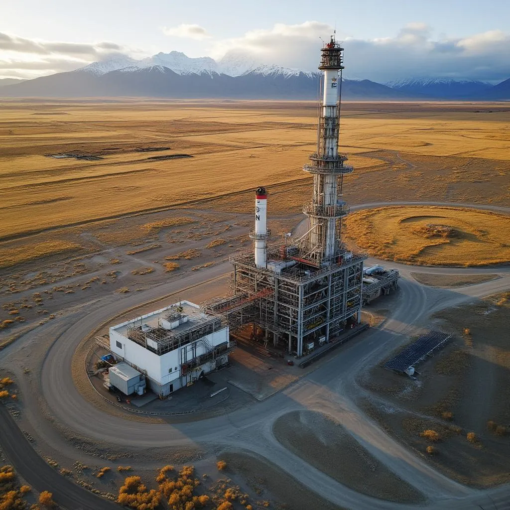 Vista aérea de una instalación de producción de petróleo en Neuquén