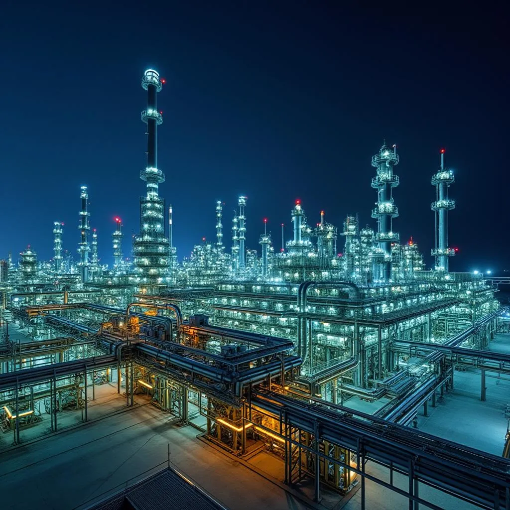 Vista nocturna de una refinería de petróleo moderna e iluminada.