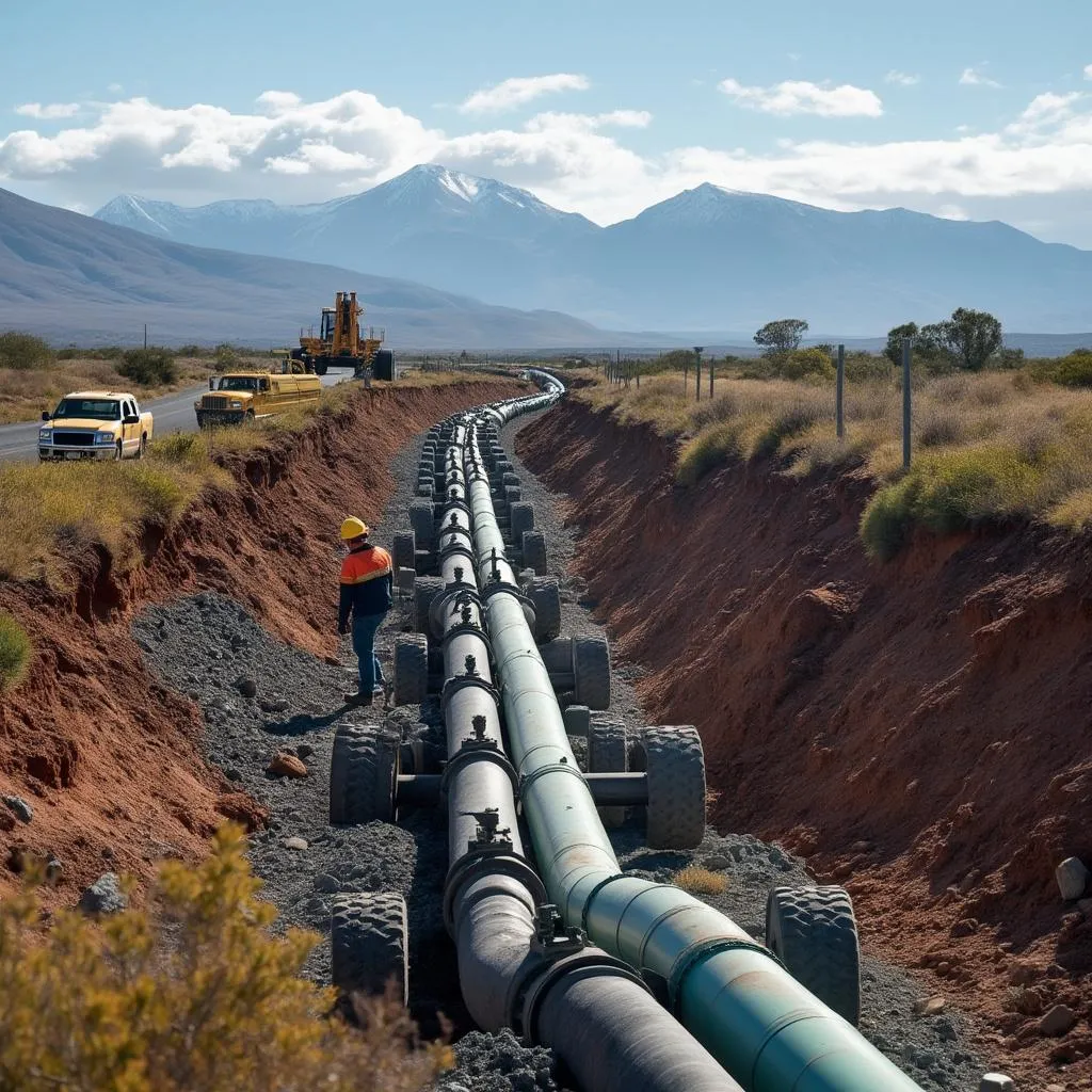 Construcción de un oleoducto en terreno patagónico.
