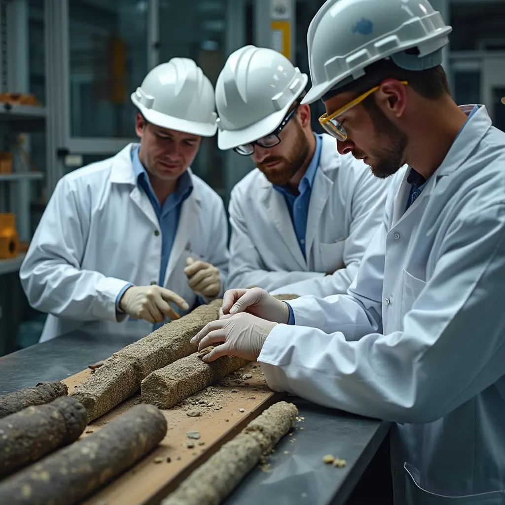 Científicos trabajando en un laboratorio geológico analizando muestras.