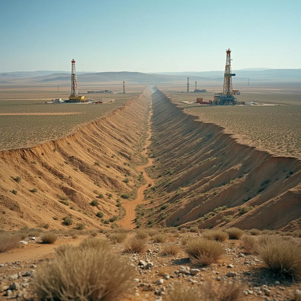 Paisaje extenso de Vaca Muerta con equipos de perforación.